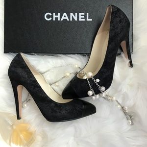 Authentic Chanel Black Suede Cap Toe Pumps